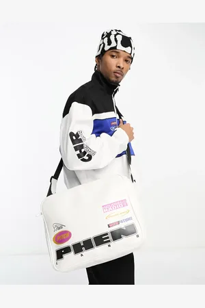 ASOS Faux leather messenger bag with text print in ecru