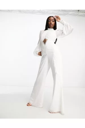 ASOS Women Jumpsuits - Ruched chiffon jumpsuit with blouson sleeve and lace detail in