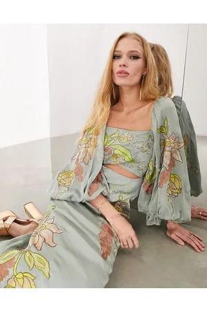 ASOS Satin square neck puff sleeve midi dress in floral embroidery in sage