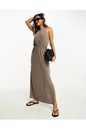 VILA Slinky racer neck maxi dress with split sides in stone