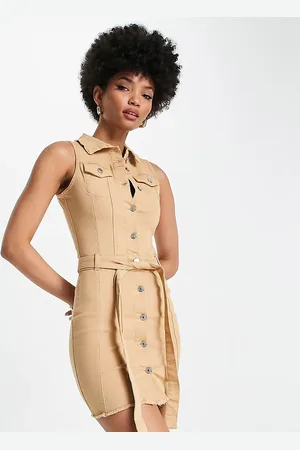 Parisian Belted denim utility dress in camel