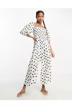 ASOS Women Jumpsuits - Linen look shirred bodice puff sleeve jumpsuit in mono spot print