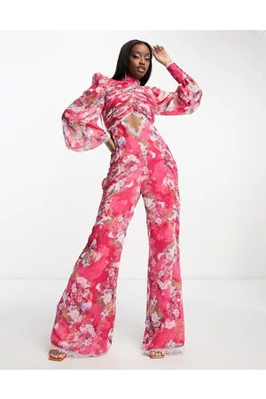 ASOS Women Jumpsuits - Ruched chiffon jumpsuit with blouson sleeve and lace detail in floral print