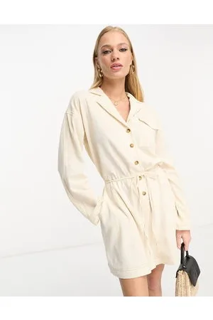 ASOS Slouchy linen look shirt playsuit with long sleeve in oatmeal