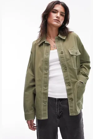 Topshop Co-ord workwear shirt jacket with contrast stitch in khaki