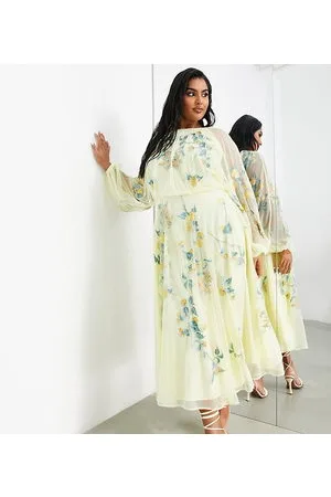 ASOS Curve floral embroidered mesh midi dress with blouson sleeve in lemon