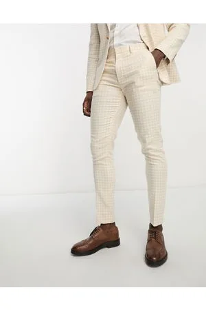 ASOS Wedding skinny suit trouser in linen mix in gingham in camel