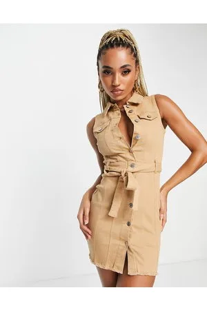 Parisian Belted denim utility dress in camel
