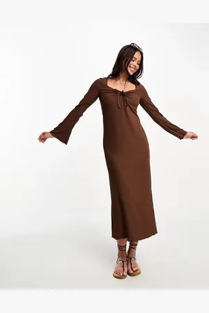 New Look Ribbed midi dress with ruched tie front detail in