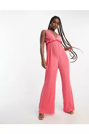 The Frolic Women Jumpsuits - Plisse frill detail plunge front jumpsuit in coral