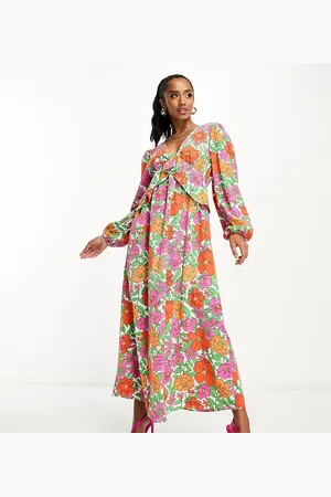 VILA Balloon sleeve midi dress with frill waist in bright bold floral