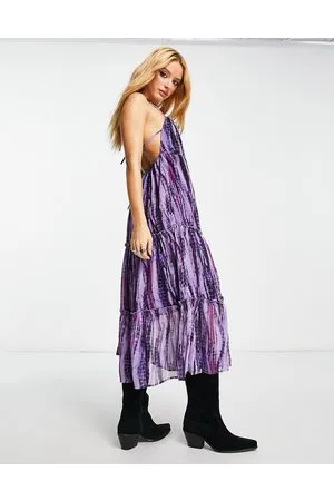 VIOLET ROMANCE Tiered halter neck midi dress in tie dye