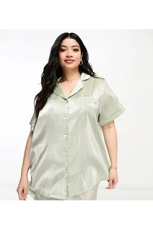 Loungeable Curve satin jacquard spot revere pajama set emerald