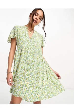 JDY V neck mini dress in yellow & green ditsy floral print