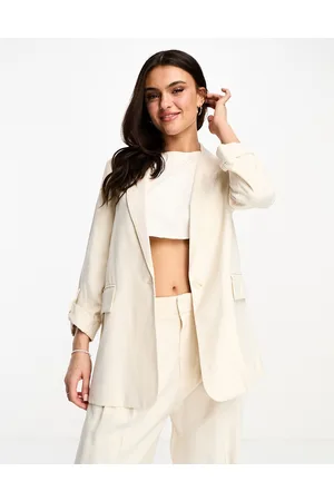 Stradivarius cropped linen blazer in taupe