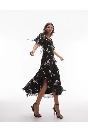 Topshop Lace up back occasion dress with raw seams in dark floral