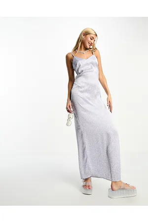 Light Silver Silk Satin Maxi Length Slip Dress With a Long Side