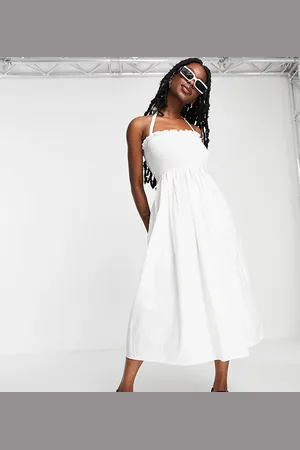 COLLUSION Halterneck shirred detail broderie summer midi dress in