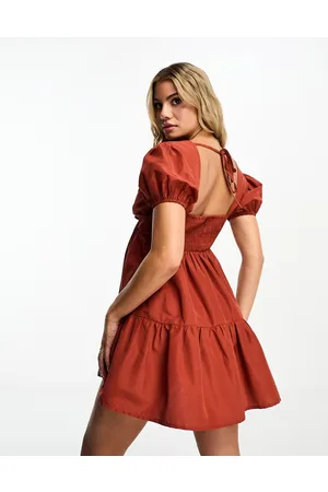 Threadbare Poplin v neck skater dress in rust