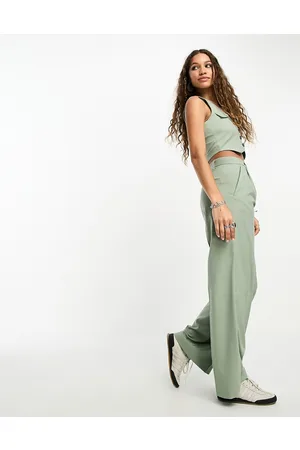 Bershka High waisted wide leg tailored trousers co-ord in sage