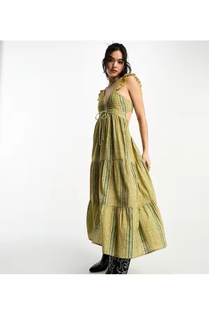 Reclaimed Prairie midi dress in blurred green and brown stripe