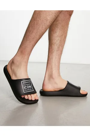 Cheap Mens black/white Emporio Armani Eagle Print Slide Sandals |  Soletrader Outlet