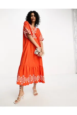 Y.A.S Y.A.S embroidered v neck midi dress in