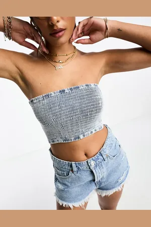 Pull&Bear Shirred denim bandeau top in bleach