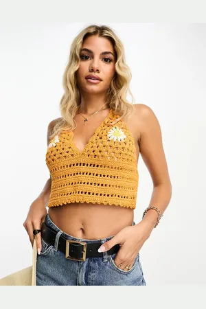 ASOS Crochet halter neck top with daisy print in
