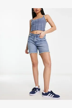 Noisy May Frayed hem longline denim shorts in light denim