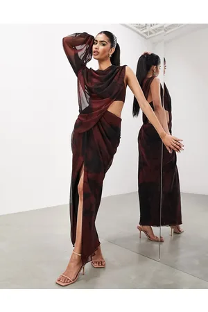ASOS One sleeve draped asymmetric grecian maxi dress in dark red blurred floral