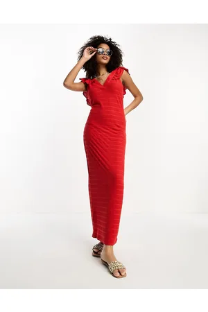 VILA Embroidered ruffle sleeve midi dress in