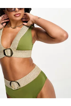 River Island Plunge elastic bikini top in khaki