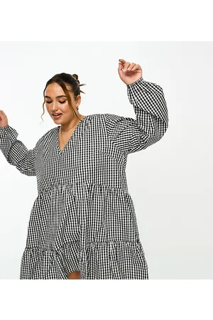 Esmée Esmee Plus beach tiered smock mini summer dress in black and white gingham