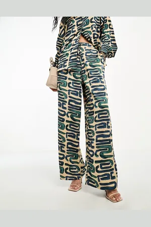SELECTED Femme satin trouser co-ord in neutral and teal abstract print