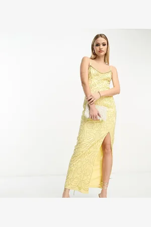 ASOS ASOS DESIGN Tall cami sequin embellished seamed midi dress in lemon