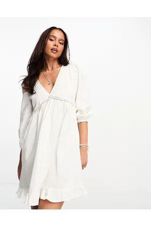 Miss Selfridge Cotton pintuck lace insert mini smock dress in ivory