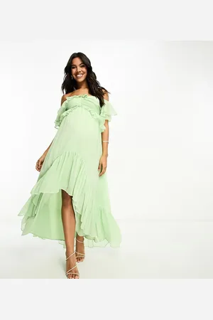 ASOS ASOS DESIGN Maternity ruffle cut out off the shoulder maxi dress with hi low hem in sage