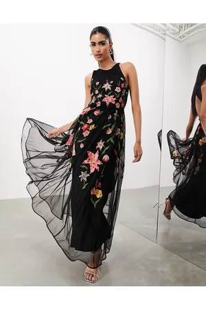 ASOS Mesh halter sleeveless maxi dress with floral embroidery in