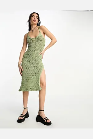 ASOS Knitted crochet midi dress in open stitch in khaki