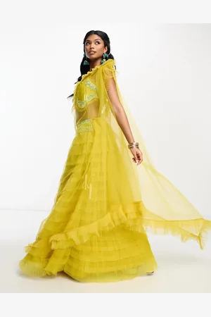 A Star Is Born Tiered tulle lehenga skirt and dupatta in mustard co-ord