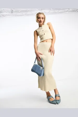 COLLUSION Chunky rib low rise maxi skirt in beige