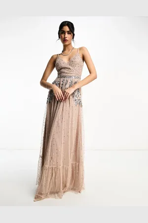 Maya Deluxe Bridesmaid wrap front maxi tulle dress with tonal delicate sequin in taupe blush co ord
