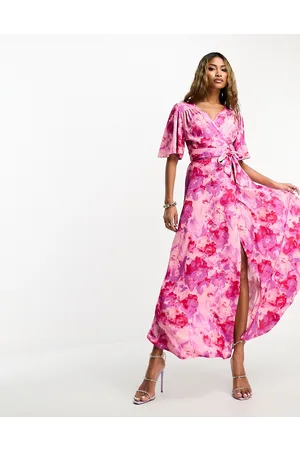 Flounce London Flutter sleeve satin wrap maxi dress in print