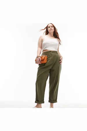 Topshop Curve high waist pleated peg trouser in khaki