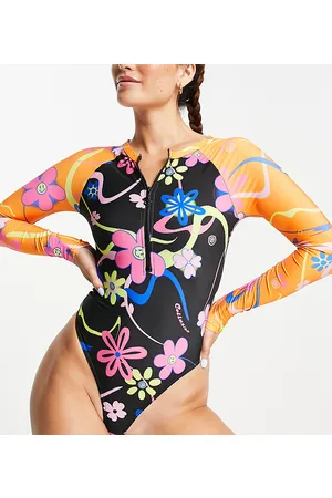 COLLUSION Mixed floral long sleeve swimsuit with zip front in