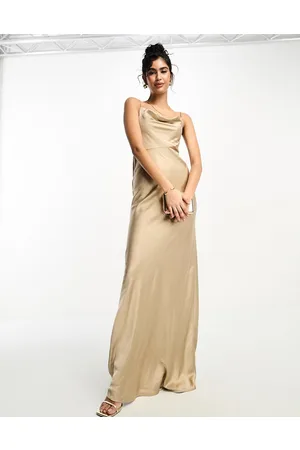 Six Stories Bridesmaids cowl front satin slip dress in champagne