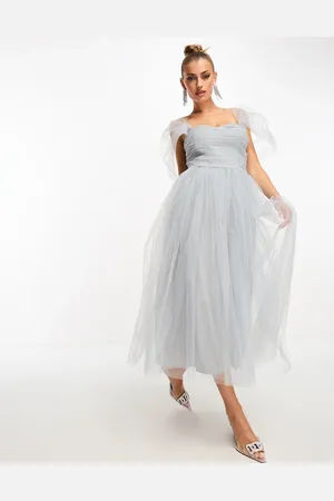 Lace & Beads Puff sleeve tulle midaxi dress in dusty