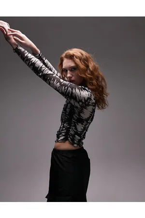 Topshop Plisse long sleeve mesh top in mono