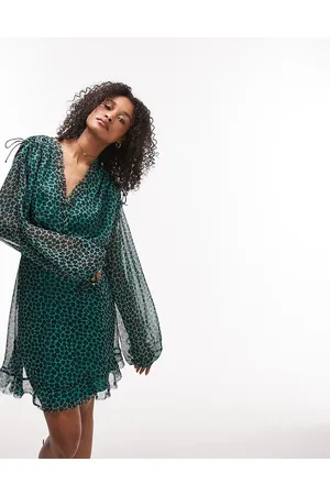 Topshop Frill neck mini tea dress with raw seams in green and black floral